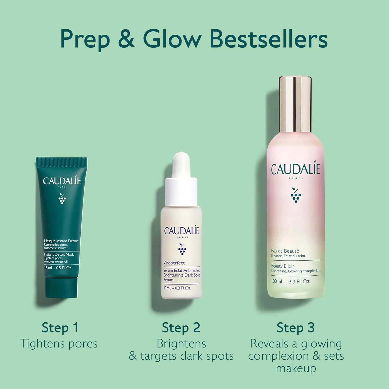 Caudalie Prep & Glow набор бестселлеров по уходу за кожей - полноразмерный Beauty Elixir + бесплатная маска Instant Detox 15 мл + сыворотка Vinoperfect Radiance 10 мл — фото 2