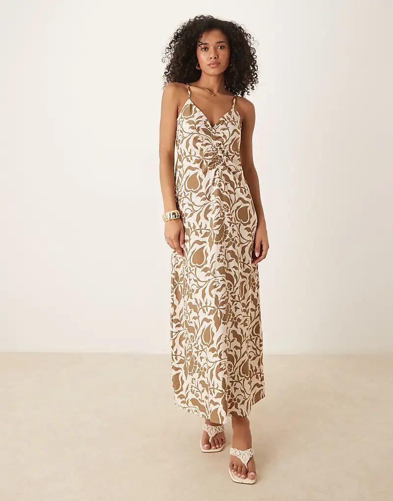 

Платье миди YAS с рюшами и цветочным принтом коричневого цвета