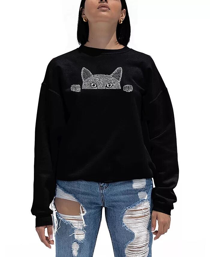 

Женская толстовка с круглым вырезом Word Art Peeking Cat LA Pop Art, черный
