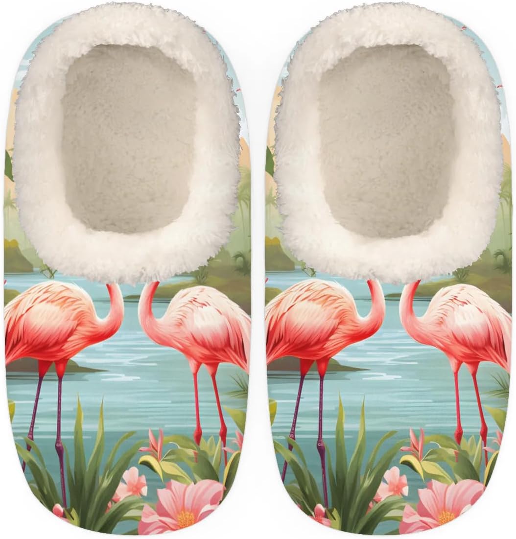 

Тапочки QsirBC Flamingo Flower River для женщин и мужчин, мягкая обувь с эффектом памяти, противоскользящие подошвы, для дома и улицы, уютные, пушистые и теплые, Flamingo Flower River L