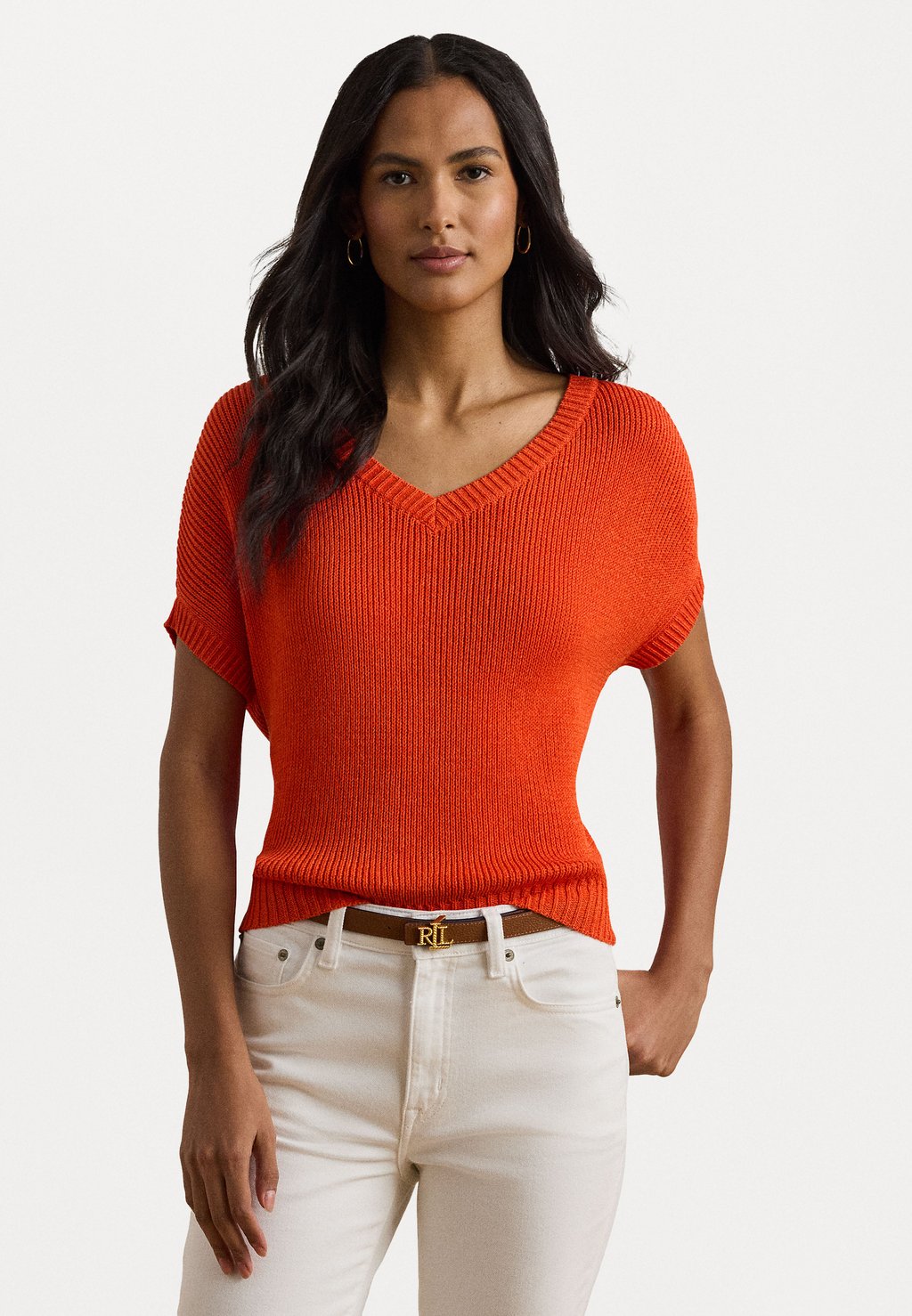 

Базовая футболка RIB KNIT SHORT SLEEVE V NECK SWEATER Lauren Ralph Lauren Petite, оранжевый