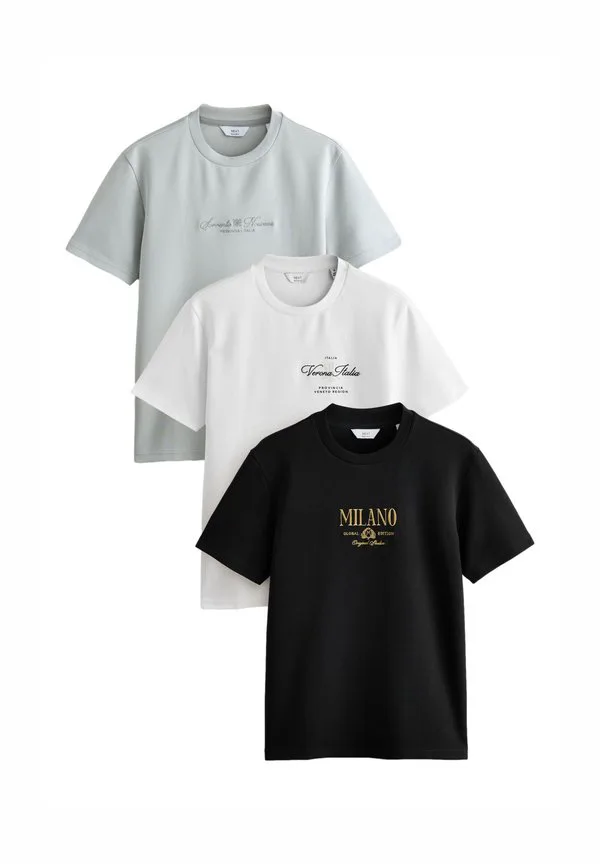 Комплект из 3 футболок с графическим принтом, облегающего кроя. Next, Black White Grey Embroidered
