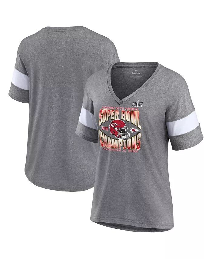 

Женская футболка Heather Gray Kansas City Chiefs Super Bowl LVIII Champions Own the Moment Tri-Blend с V-образным вырезом Fanatics