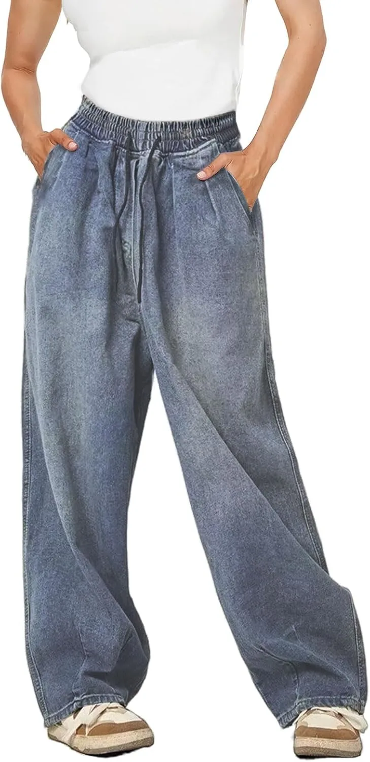 

Джинсы женские широкие на шнурке с высокой талией Djeanxa