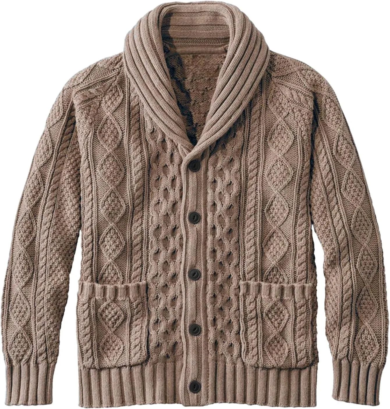 

Мужской кардиган с воротником шаль и кабельной вязкой