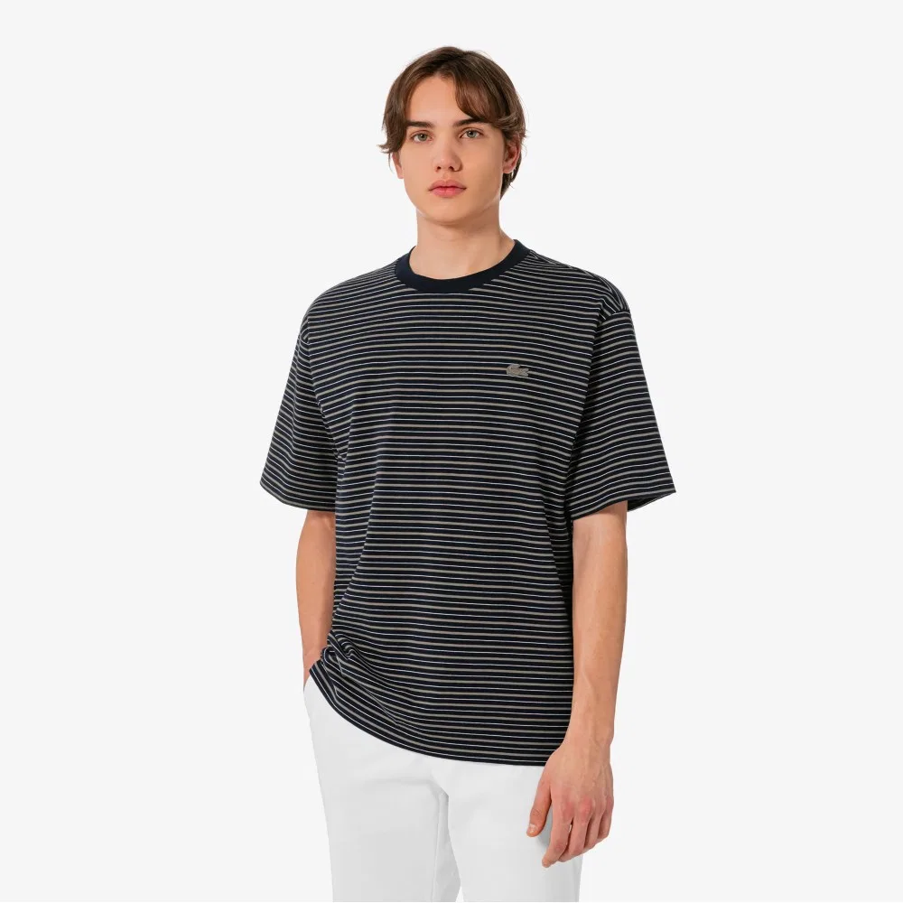 Мужская футболка поло в полоску тёмно-синяя от Lacoste