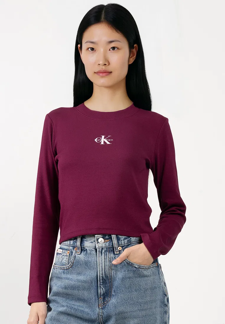 Футболка с длинным рукавом, с логотипом Monogram, Calvin Klein Jeans, ягодный