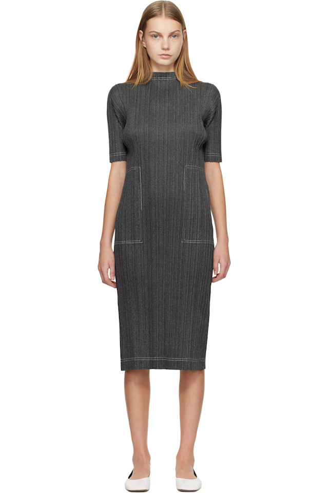 

Серое хлопковое джинсовое платье миди Pleats Please Issey Miyake, черный