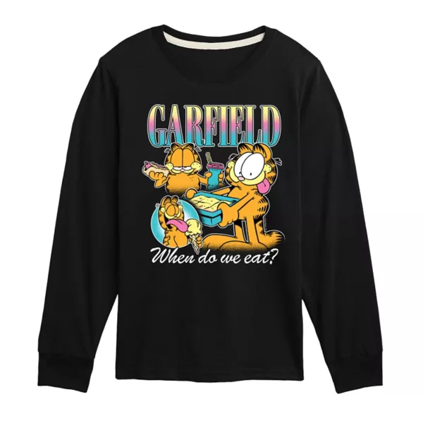 

Футболка с длинным рукавом и принтом «Гарфилд, когда мы едим» для мальчиков 8-20 лет Nickelodeon, черный