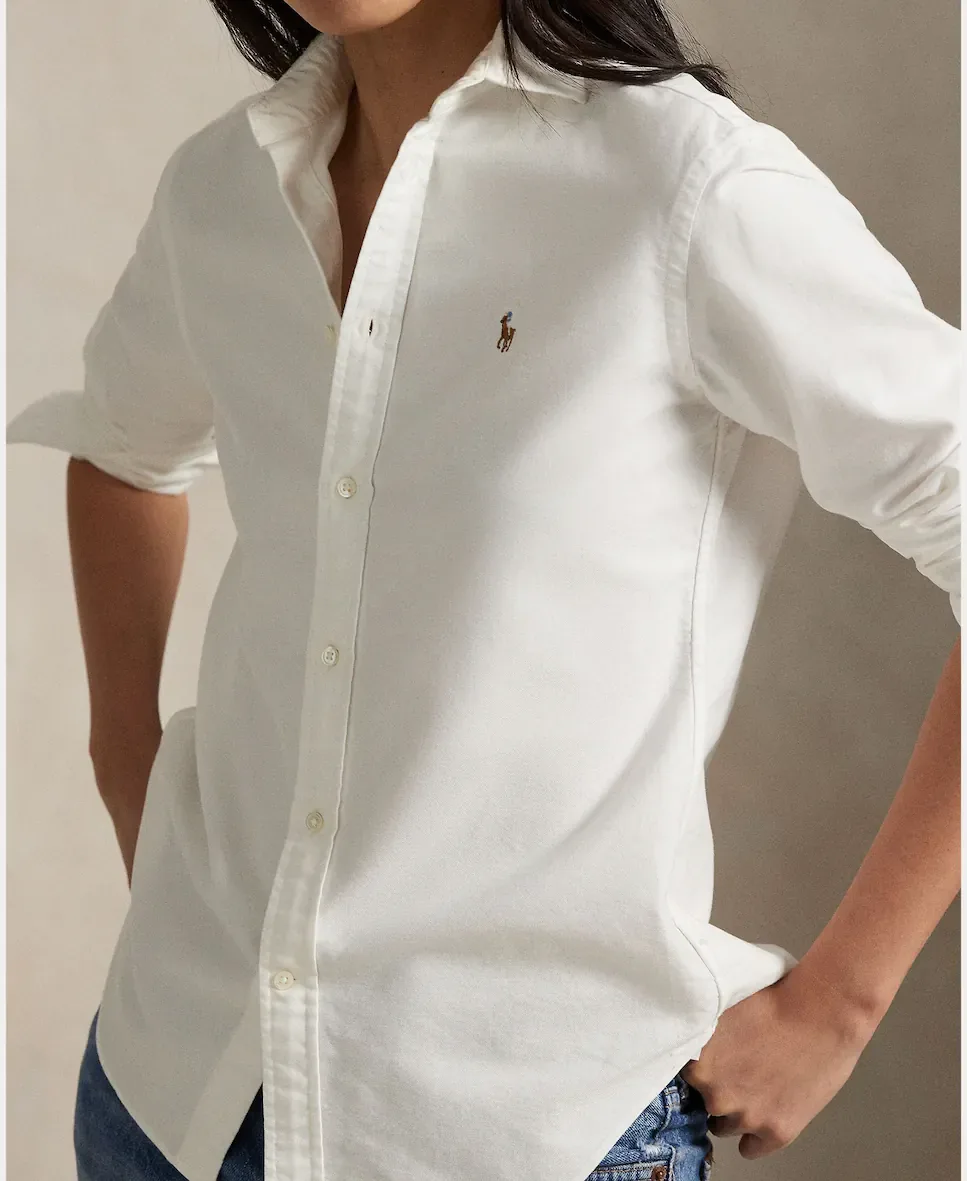 Женская базовая рубашка Оксфорд с контрастным логотипом Polo Ralph Lauren, белый — фото 3