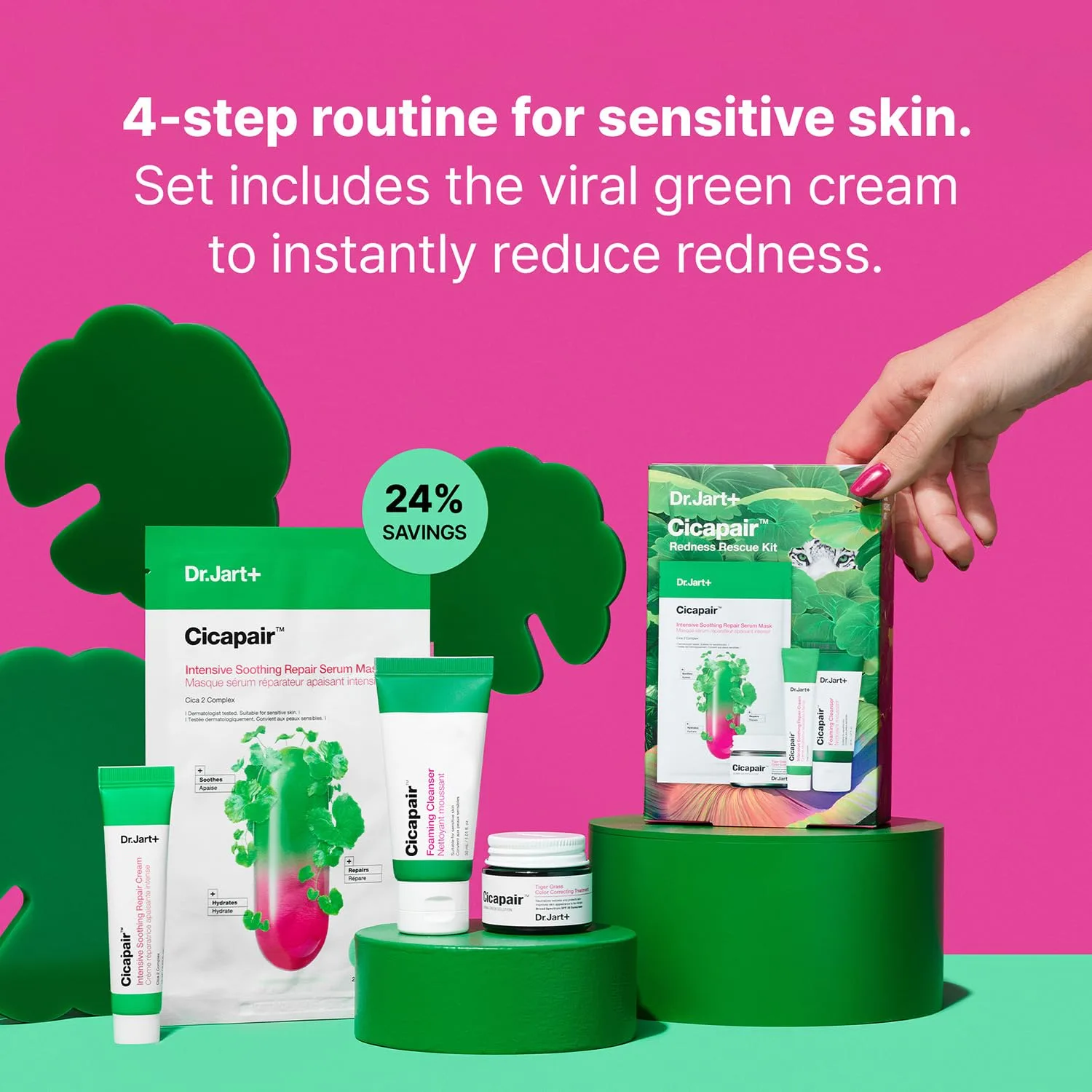 Dr.Jart+ Cicapair Redness Rescue набор для ухода за кожей, мини-формат: крем-корректор, очищающее средство, увлажняющий крем и маска 1 шт. (4 шт.), red — фото 2