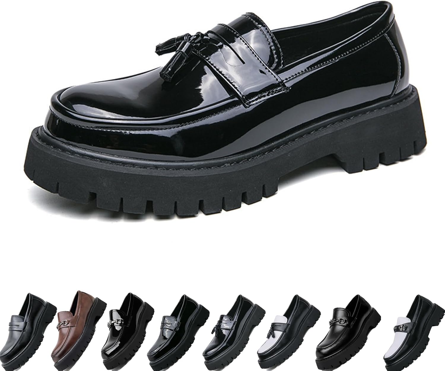 

Мужские лоферы на платформе из лакированной кожи, удобные, с противоскользящей подошвой, с круглым носком, стильные деловые туфли без шнурков для работы и повседневной носки Generic, черный