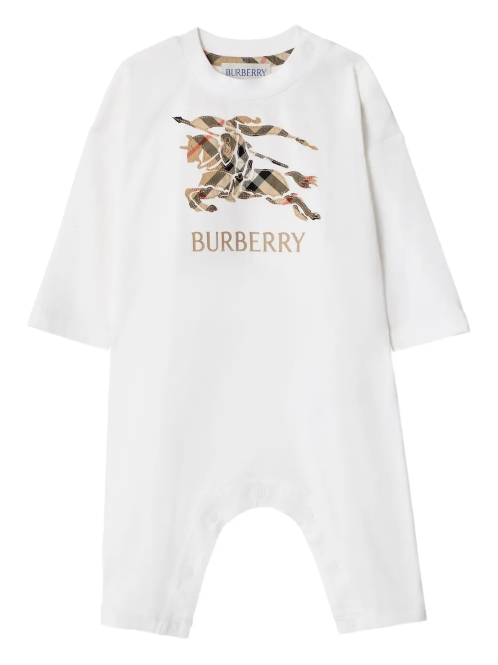 Комбинезон из хлопка с клетчатым узором и рыцарем-всадником Burberry Kids, белый