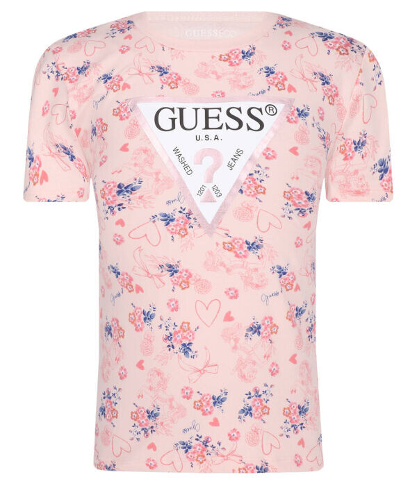 

Футболка детская Guess с узором и логотипом, розовый