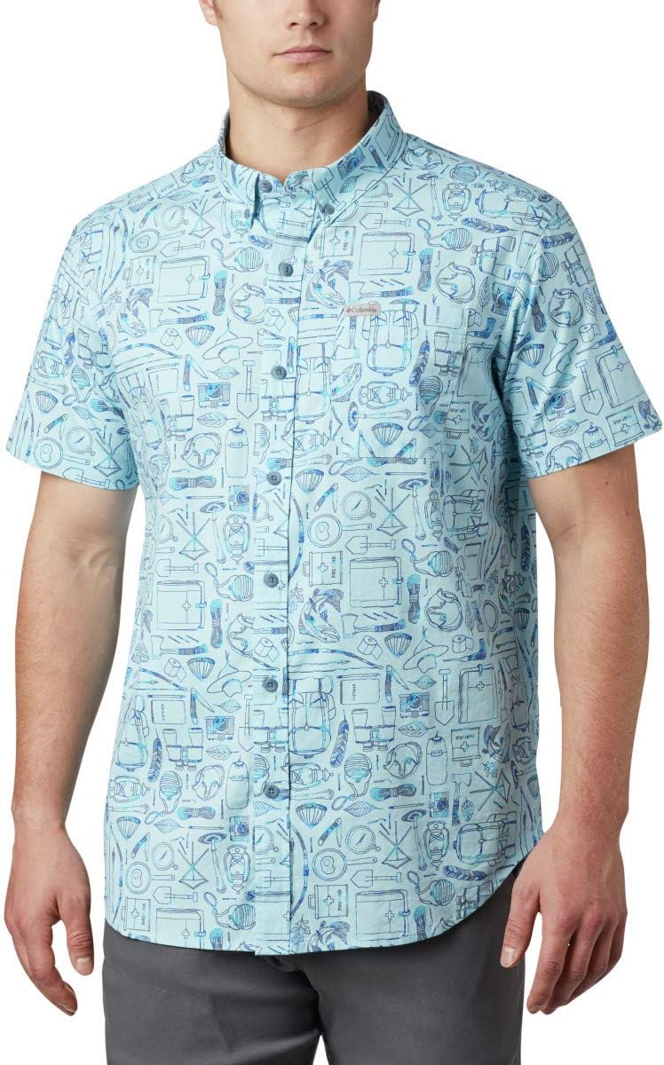 

Мужская рубашка Columbia Rapid Rivers с коротким рукавом и принтом, комфортная эластичность, Sky Blue Camp Supplies Print
