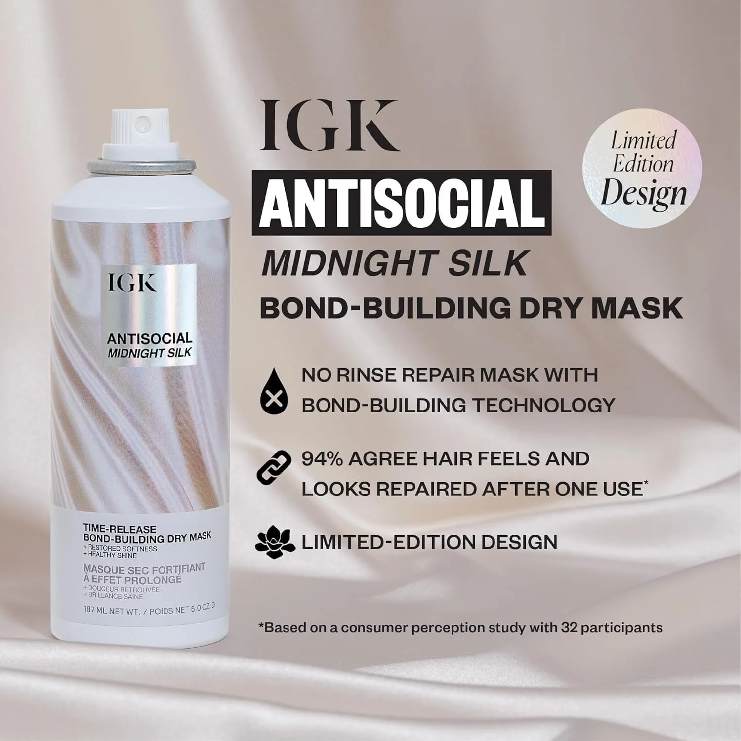 IGK Antisocial Midnight Silk Bond-Building Dry Hair Mask - Несмываемое средство для ухода за сухими волосами с веганским протеином шелка - Лимитированная серия, 140 мл — фото 2
