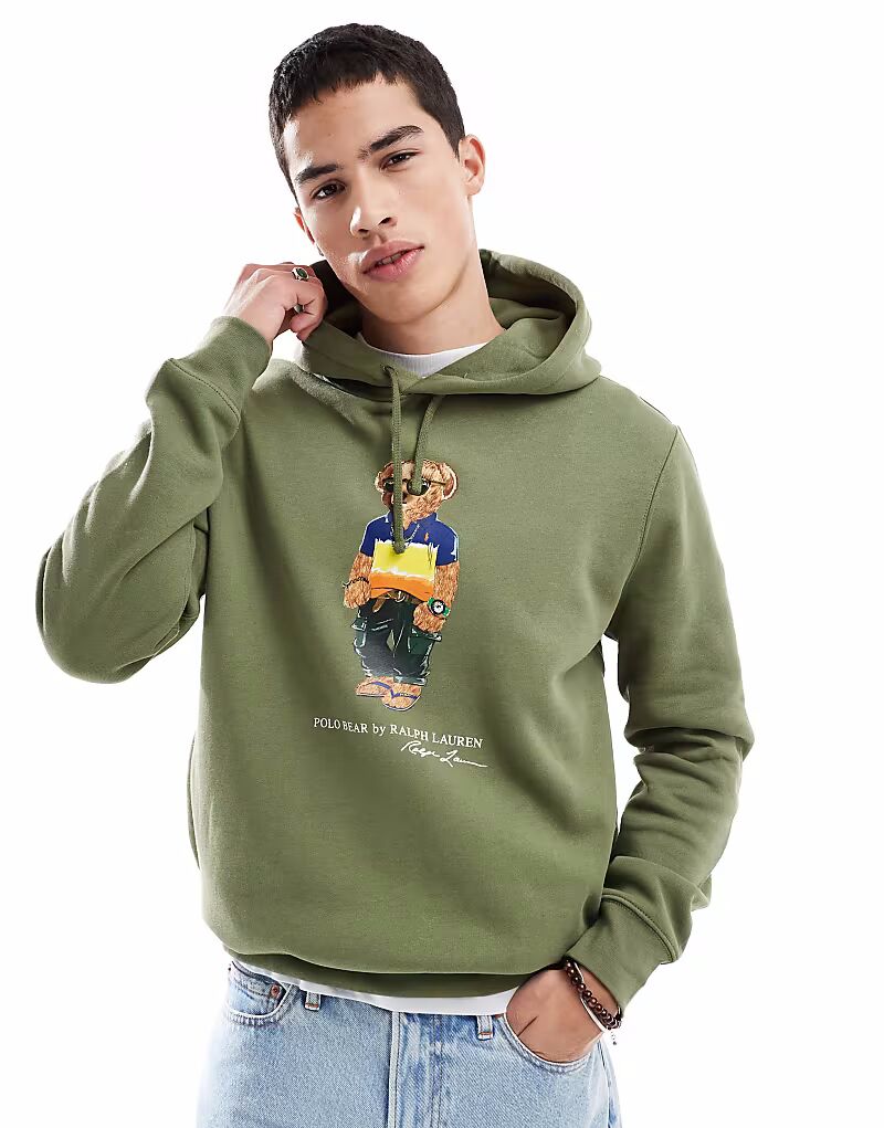 

Толстовка с капюшоном из флиса с принтом медведя Polo Ralph Lauren зеленого цвета