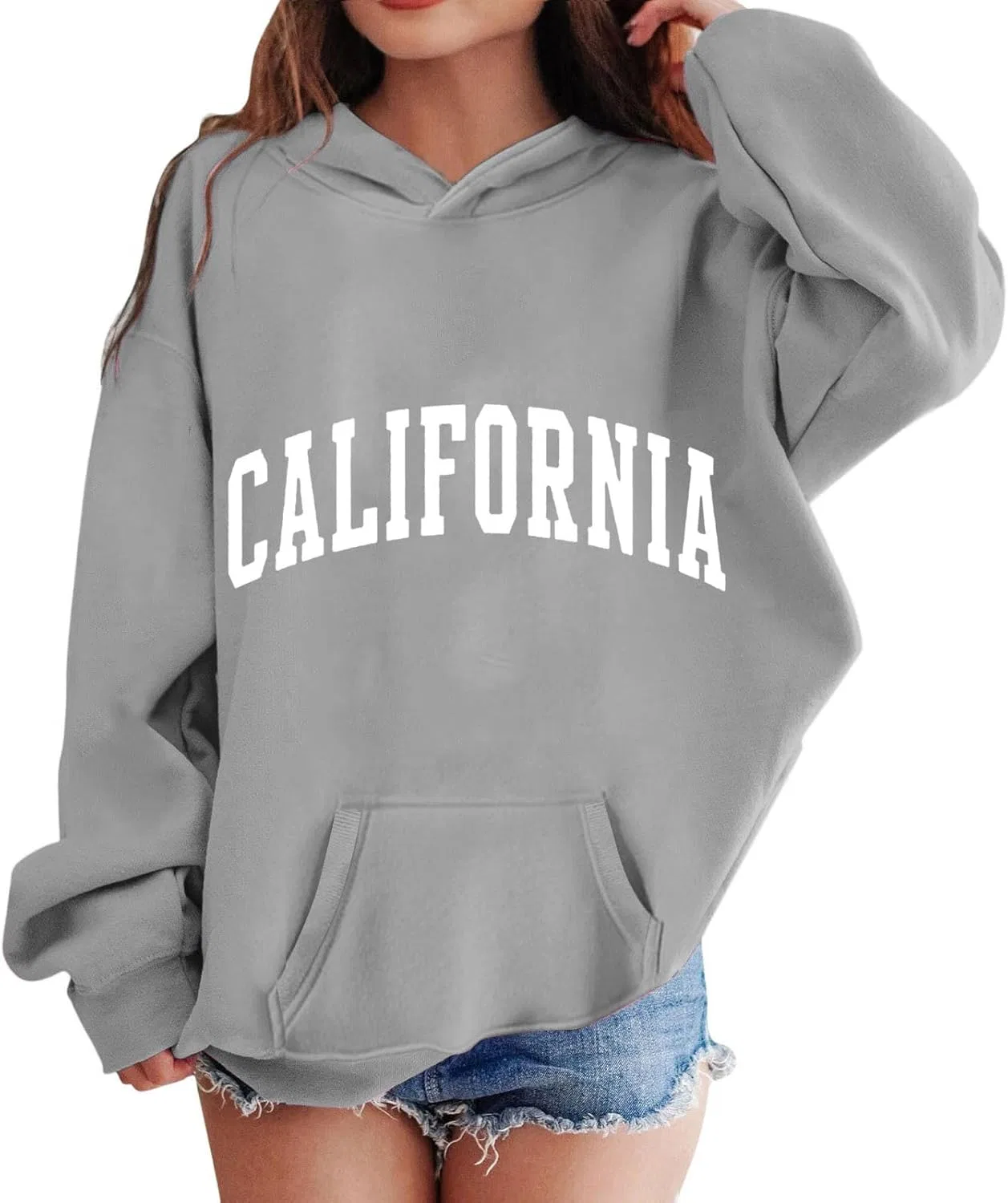Детская оверсайз худи с принтом California, буквенный дизайн, серый