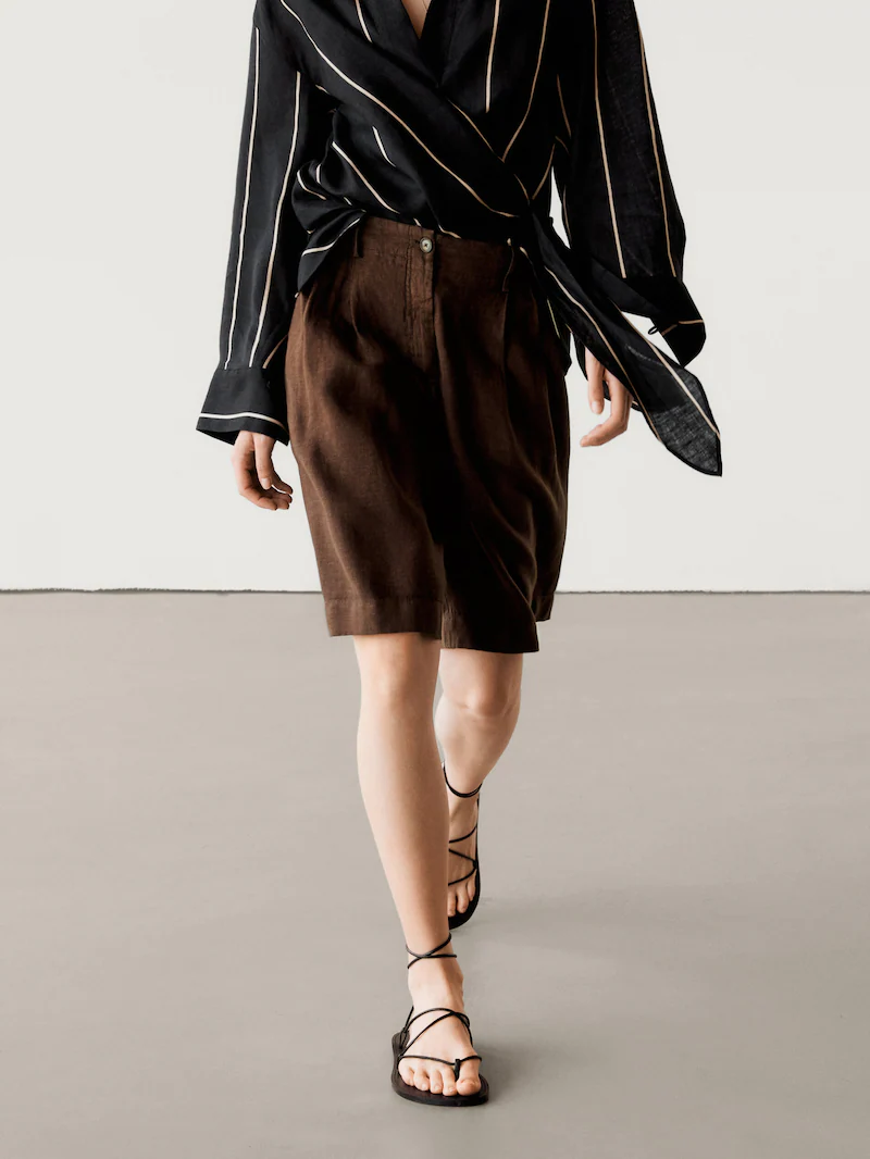 Льняные шорты-бермуды с двойной вытачкой Massimo Dutti, коричневый — фото 2