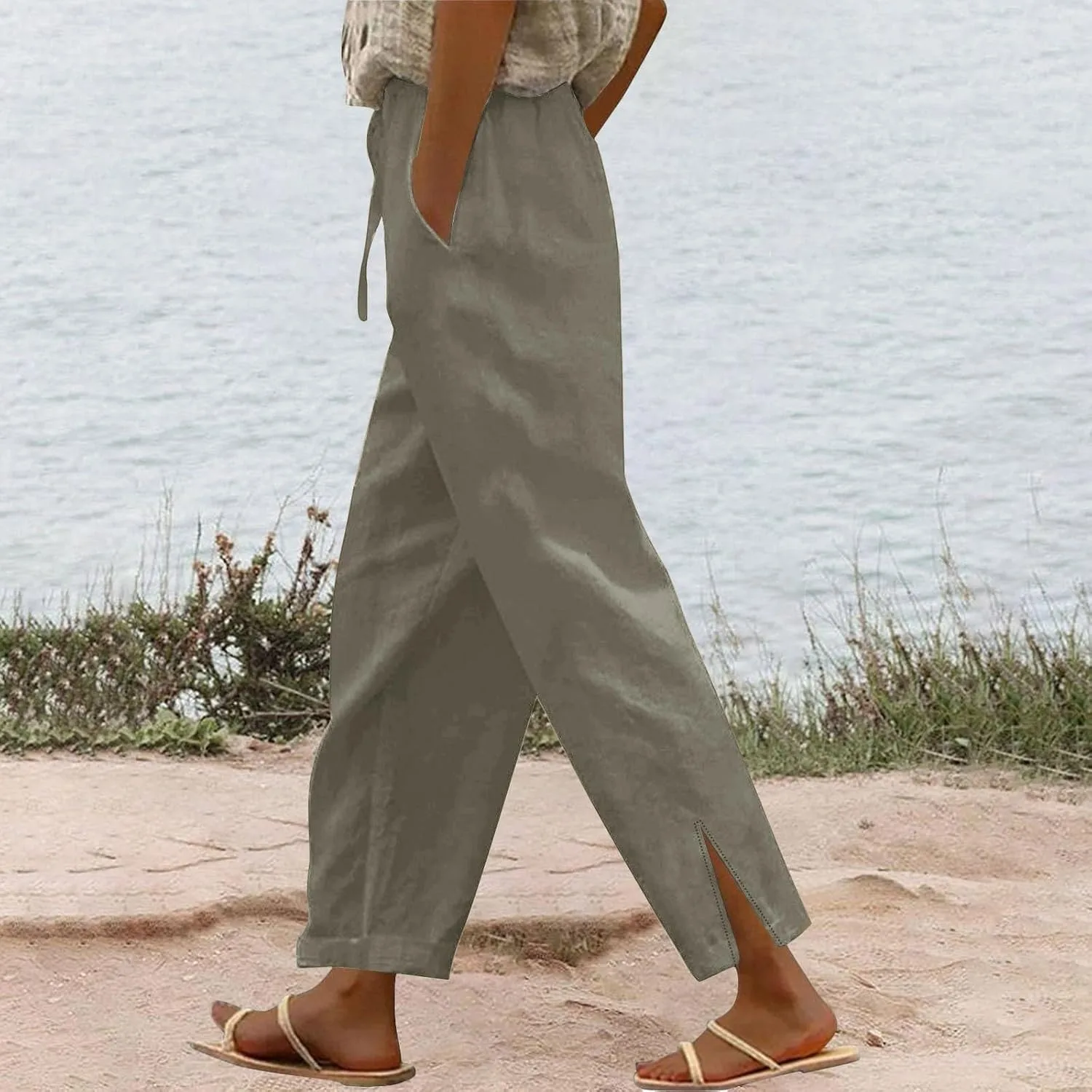 Льняные брюки Women 2026 Wide Leg с кулиской и эластичным поясом, гаучо, для отдыха, весна-лето, пляжный отпуск Generic, бежевый — фото 2