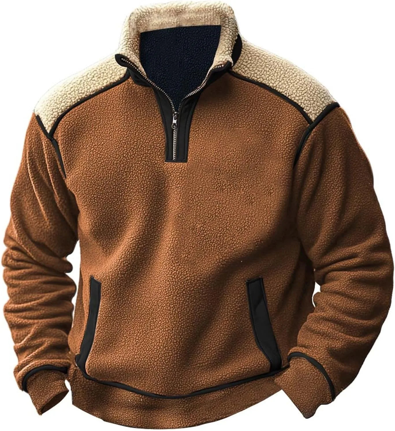Мужская флисовая толстовка с молнией на четверть, navy blue и brown, воротник с подкладкой sherpa — фото 2