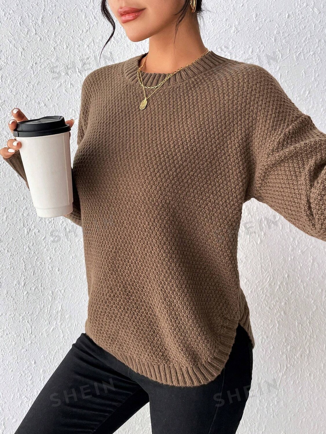 

Свитер свободного кроя Shein Essnce с заниженной линией плеч, коричневый
