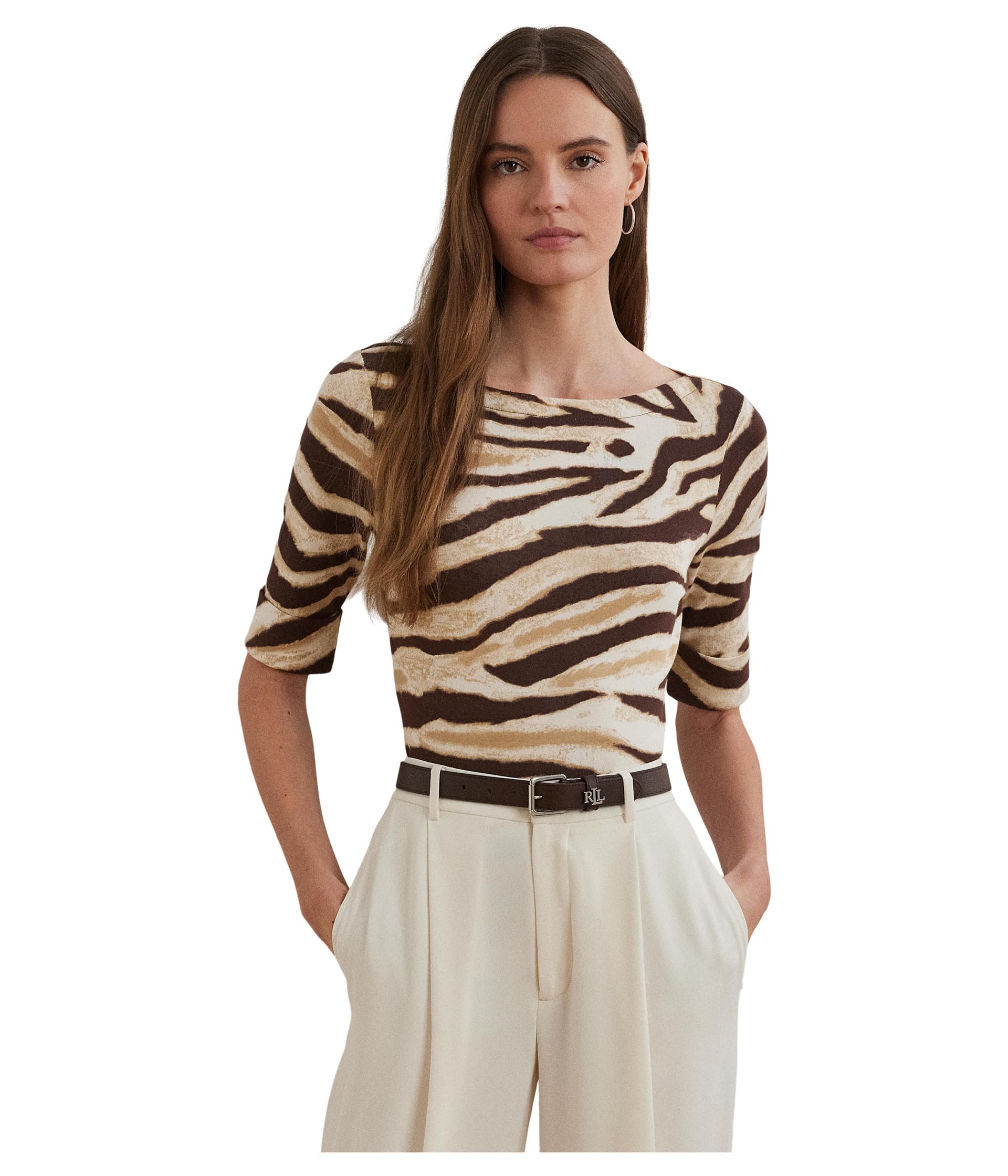 

Футболка Lauren Ralph Lauren Petite Zebra-Print Stretch Cotton Boatneck Tee, Cream/Brown