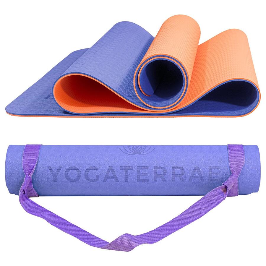 

YOGATERRAE Коврик для йоги из термопластичного эластомера PURPLE CORAL с хлопковой лямкой для переноски и эластичным ремешком