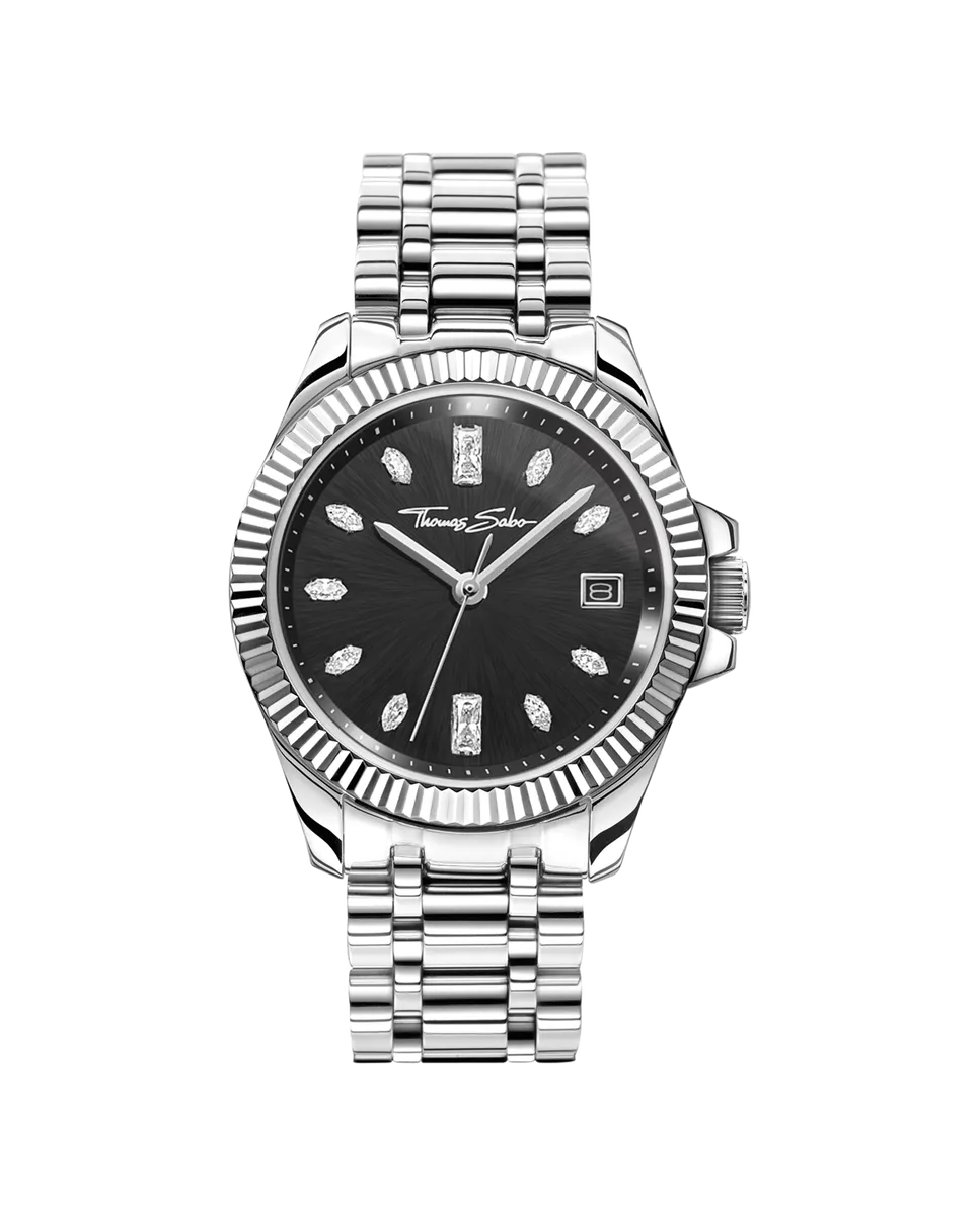 

Женские часы Divine Silver с черным циферблатом и белыми камнями, серебристые Thomas Sabo, серебряный