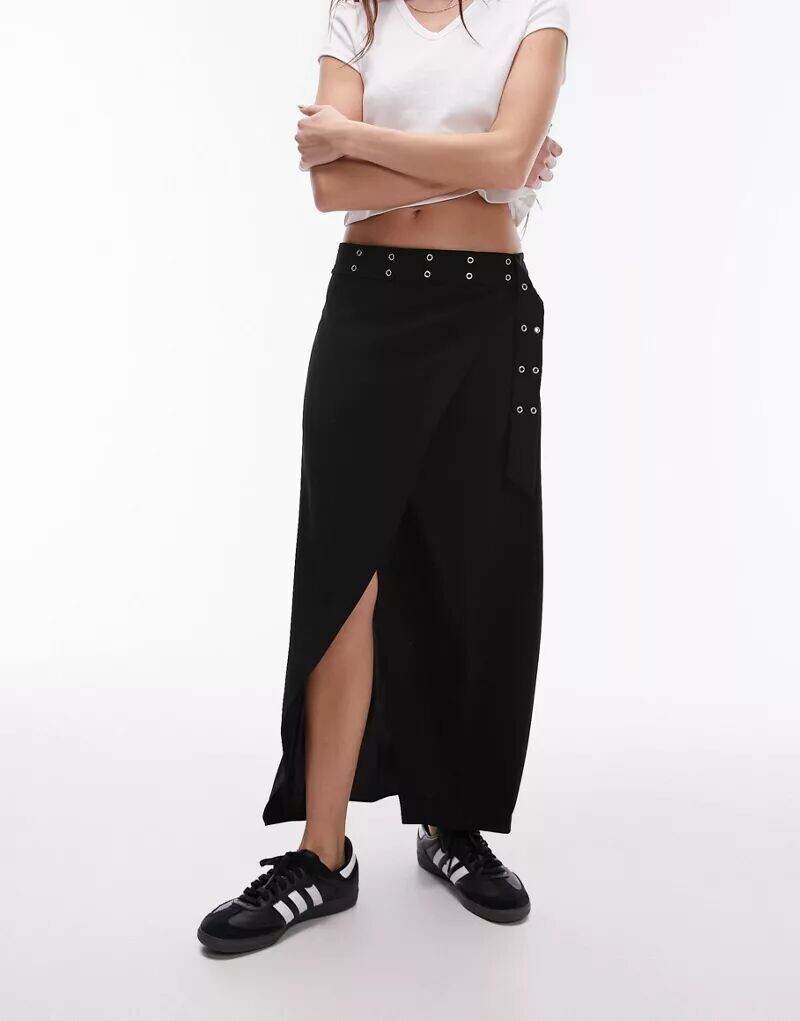 

Черная юбка миди с низкой талией и запахом Topshop