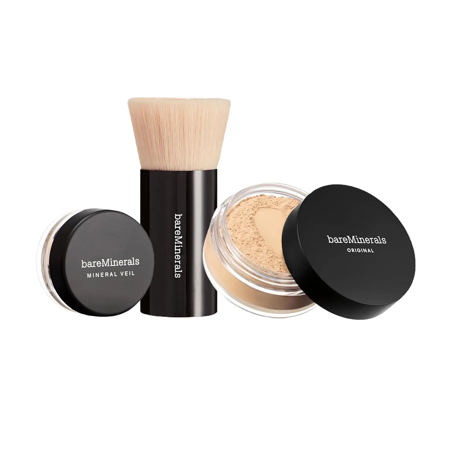 bareMinerals Original Get Started Kit, набор макияжа из 3 предметов: полноразмерная минеральная рассыпчатая тональная основа SPF 15, дорожная кисть Beautiful Finish и фиксирующая пудра Original Mineral Veil, AB Fairly Light