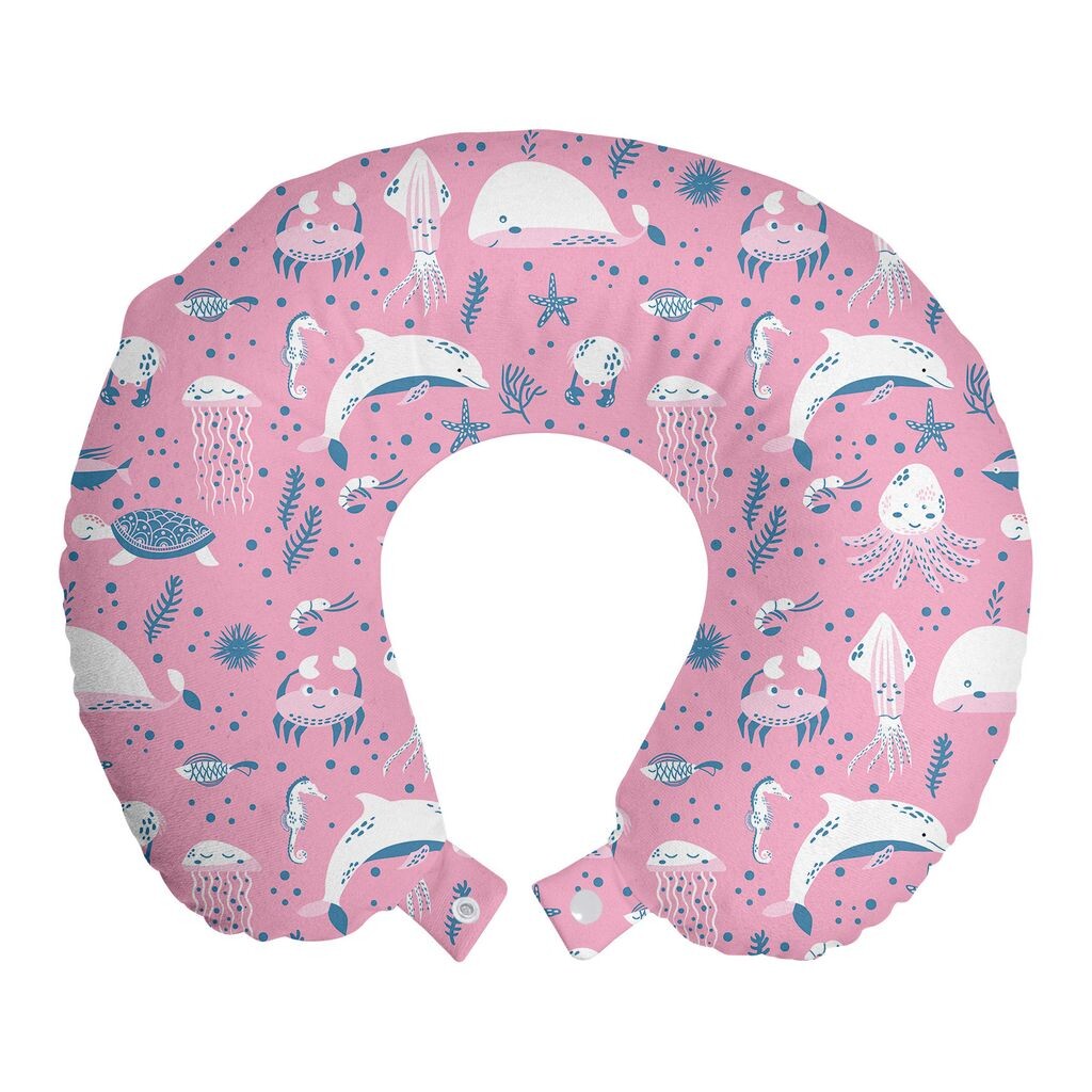

ABAKUHAUS Aqua Jellyfish Travel Подушка для шеи, Жизнь в морском стиле, Пенопластовые дорожные принадлежности для самолета и автомобиля, 30x30 см, Светло-розовый и морской синий