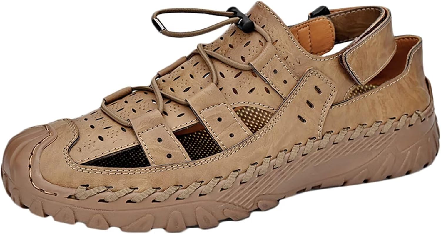 

Мужские кожаные сандалии HNVAVQ, закрытый носок, сандалии-рыбаки, летние сандалии для прогулок, повседневные пляжные сандалии, хаки