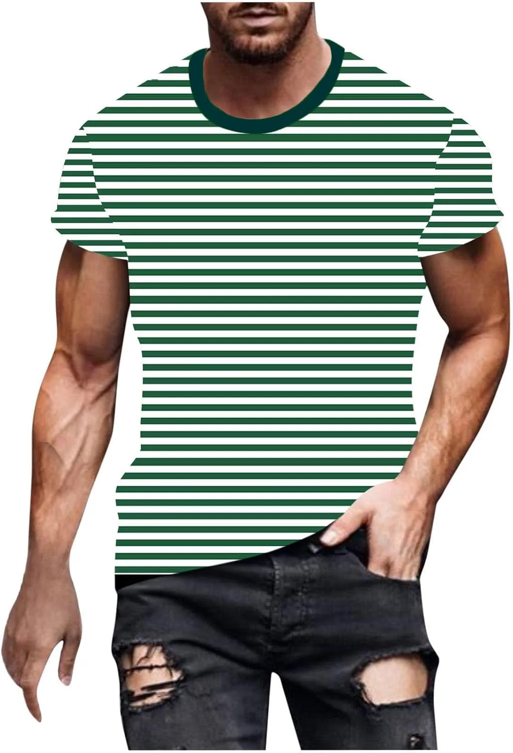 

Мужская футболка с круглым вырезом и полосками, Casual, короткий рукав QUNPIU