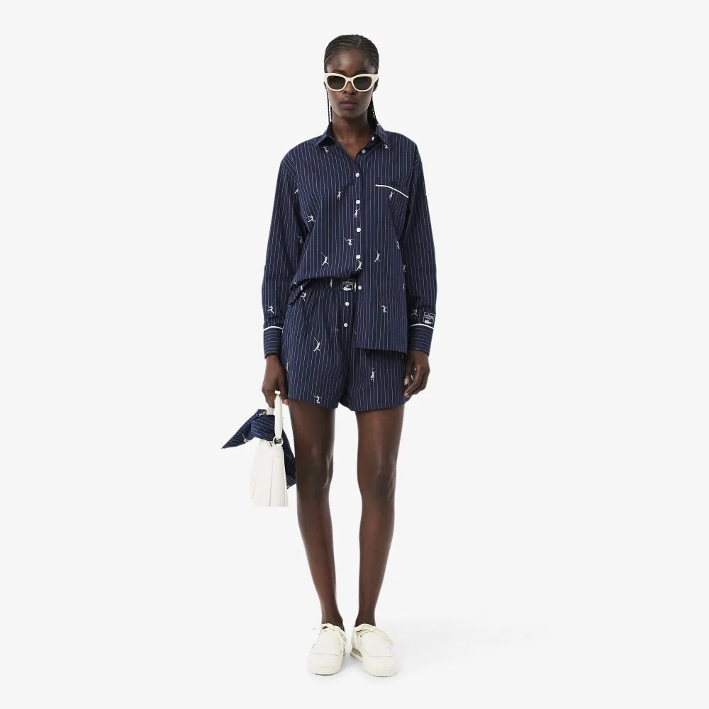 Шорты Lacoste в полоску с вышивкой, темно-синие — фото 4
