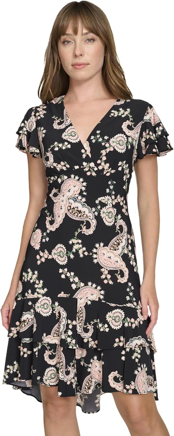 

Женское шифоновое мини-платье Tommy Hilfiger с рукавами-крылышками, V-образным вырезом и оборками, Black Multi