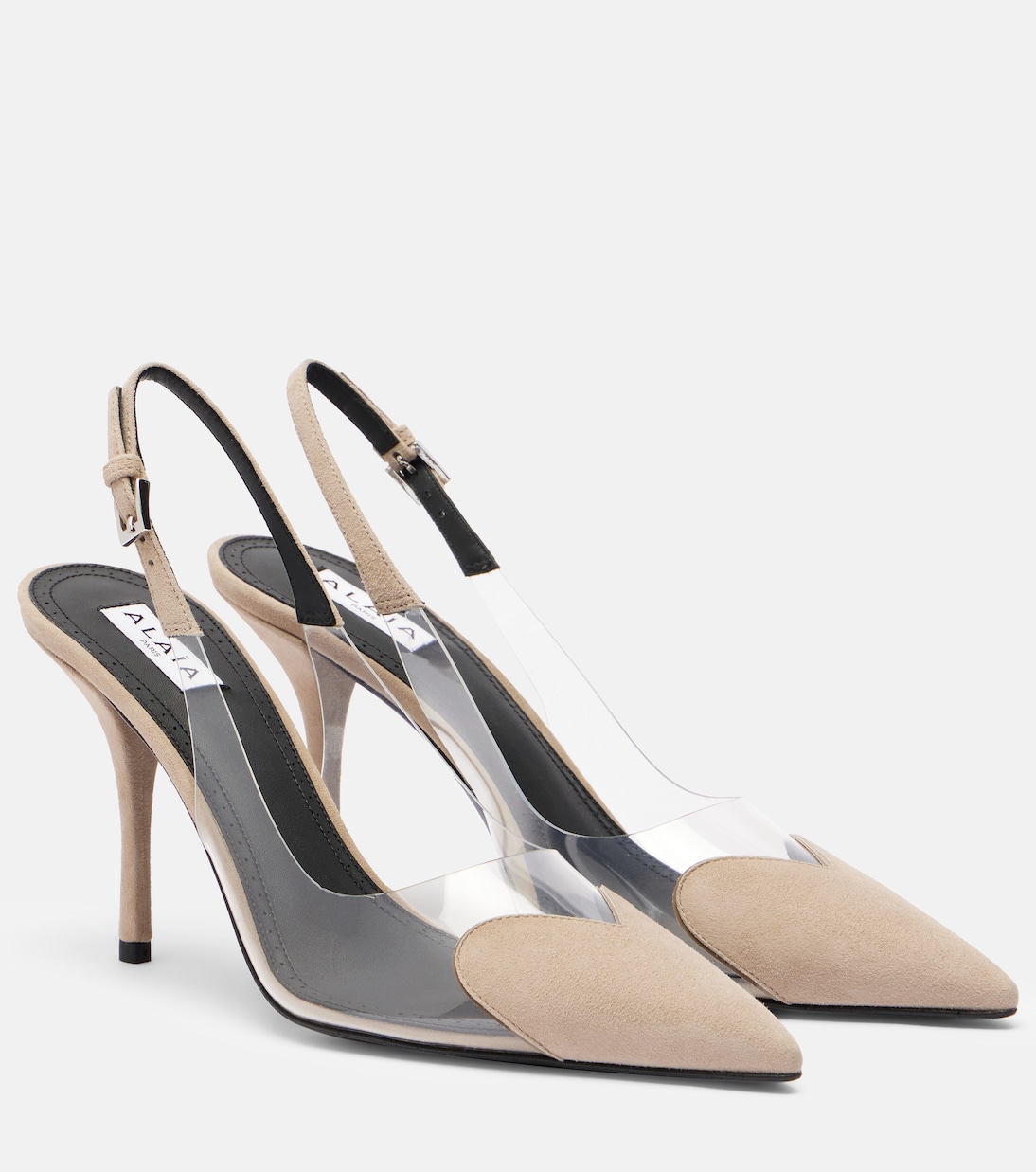 Туфли-лодочки Cœur 90 из замши и ПВХ с открытой пяткой Alaïa, Grege