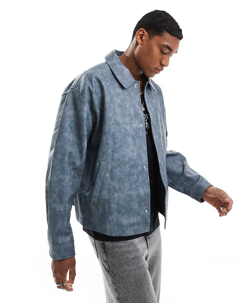 

ASOS DESIGN – Объемная куртка Харрингтон из стираной синей искусственной кожи