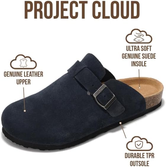 Мужские сабо Project Cloud - 100 натуральная кожа полного слоя, сабо с мемори-пеной для мужчин, поддержка свода стопы, пробковая стелька, противоскользящая подошва (Brooklyn), темно-синий — фото 2