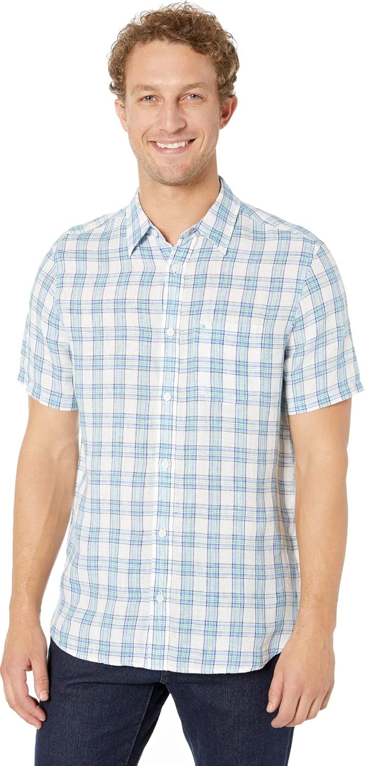 

Мужская рубашка Calvin Klein из легкого хлопка и льна с коротким рукавом и застежкой на пуговицы, Cornflower Blue