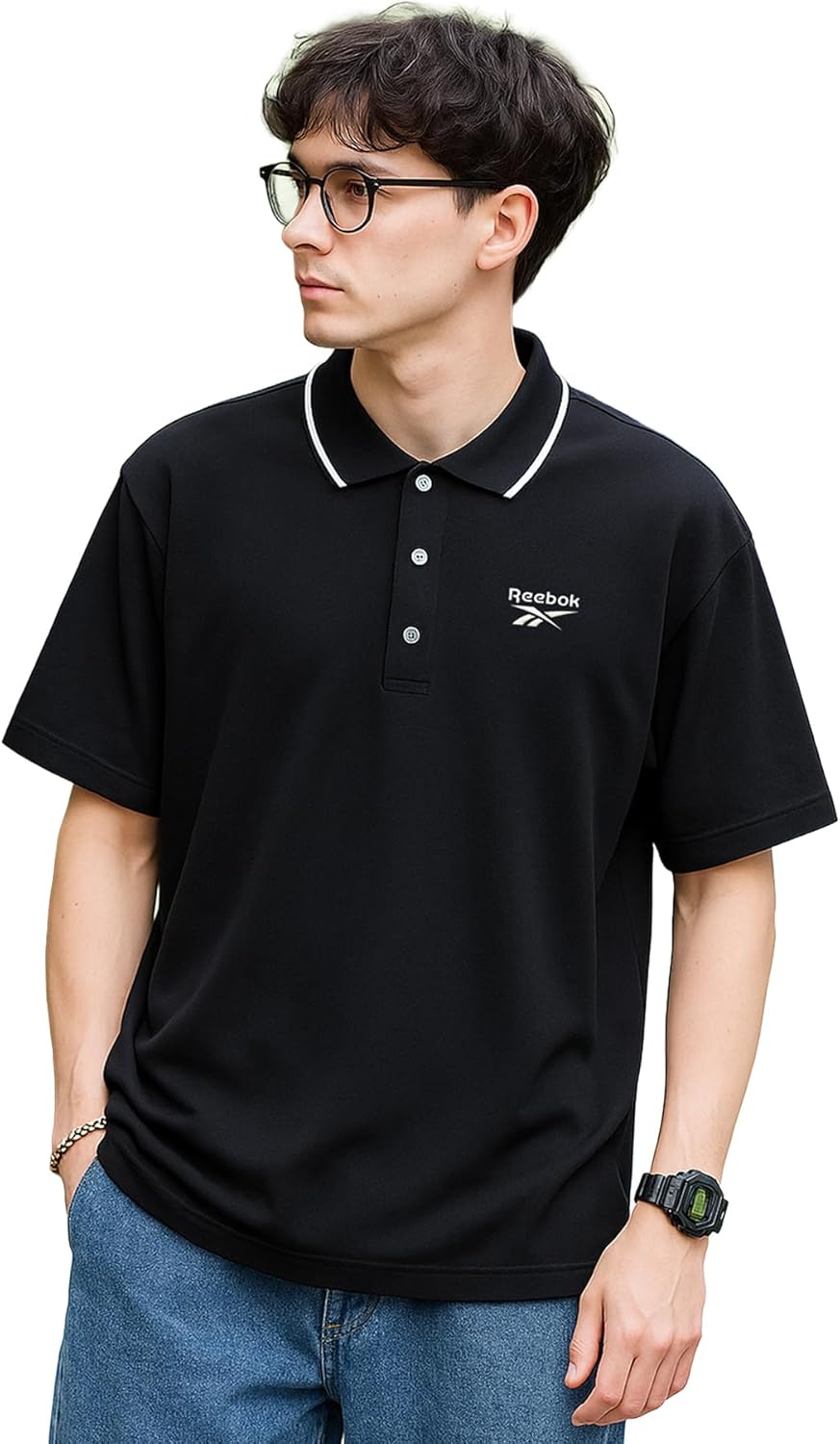 

Мужская поло-рубашка Reebok с коротким рукавом из полиэстера пике, вышитым логотипом и тканью DRY (RM-4122), черный