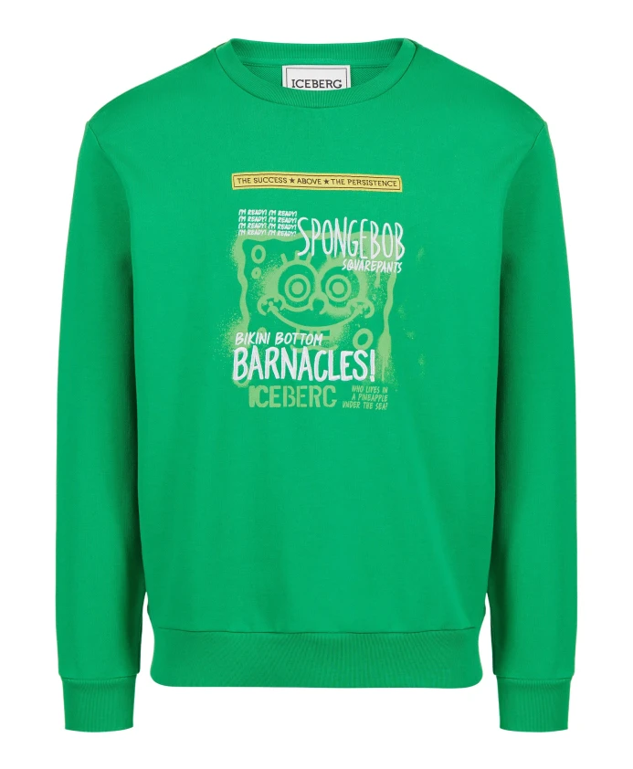 

Приталенная толстовка с круглым вырезом, салатово-зеленого цвета, с принтами и вышивкой в виде Губки Боба. Iceberg, зеленый
