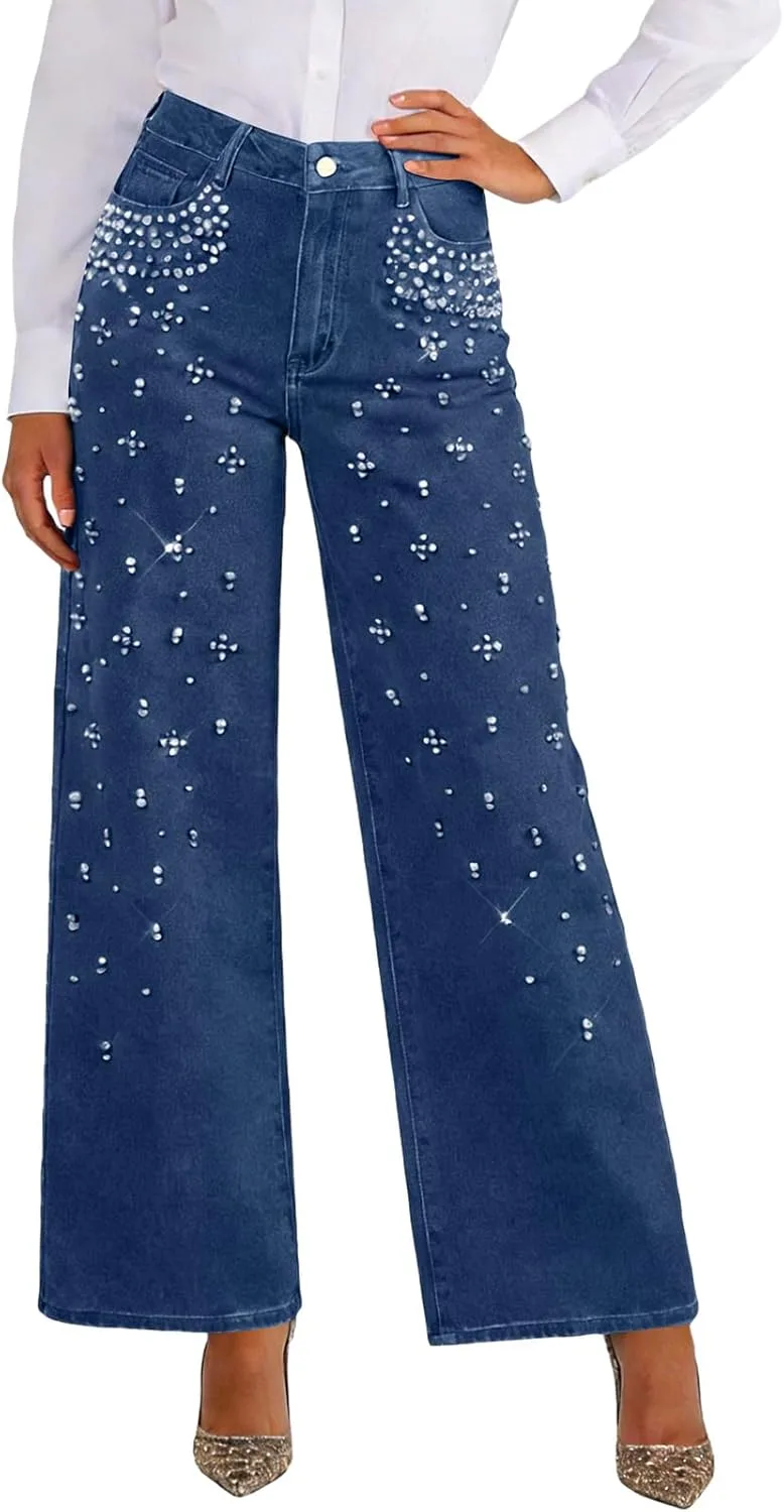

Женские джинсы Straight Wide Leg с пайетками и стразами