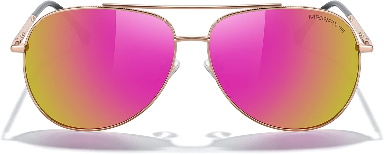 

Солнцезащитные очки-авиаторы MERRY'S для женщин и мужчин, с поляризованными зеркальными линзами и футляром - поляризованные очки для вождения, 60 мм, Rose Gold Frame/Rose Red Mirror Lens
