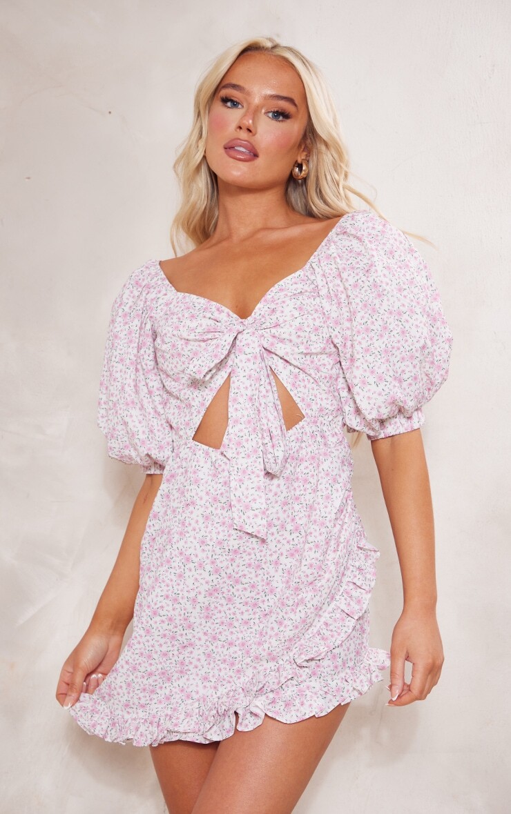 

PrettyLittleThing Розовое облегающее платье с пышными рукавами и завязкой спереди с цветочным принтом, Розовый, PrettyLittleThing Розовое облегающее платье с пышными рукавами и завязкой спереди с цветочным принтом