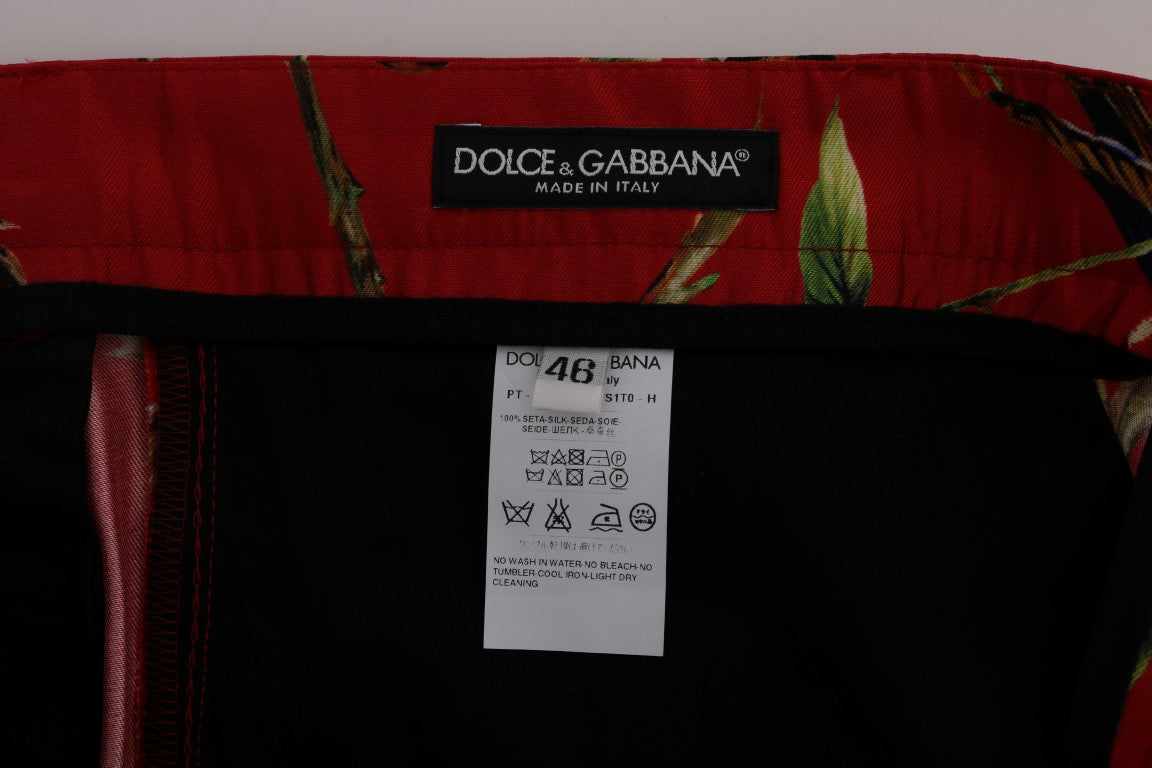 

Элегантные шелковые классические брюки Dolce & Gabbana с принтом птиц для мужчин, красный