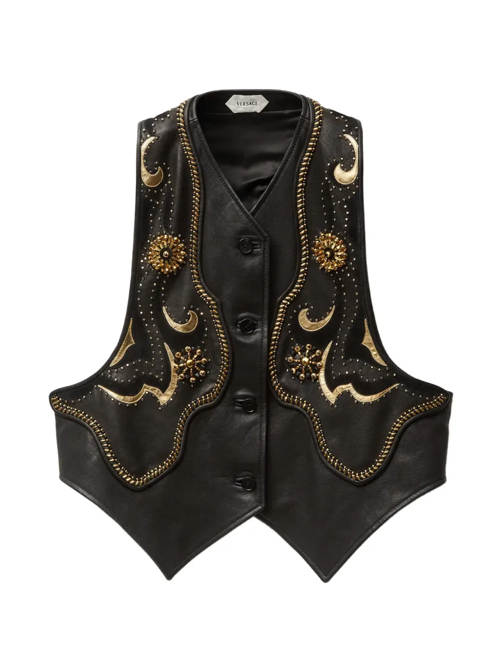 Кожаный жилет, украшенный бисером Versace, черный