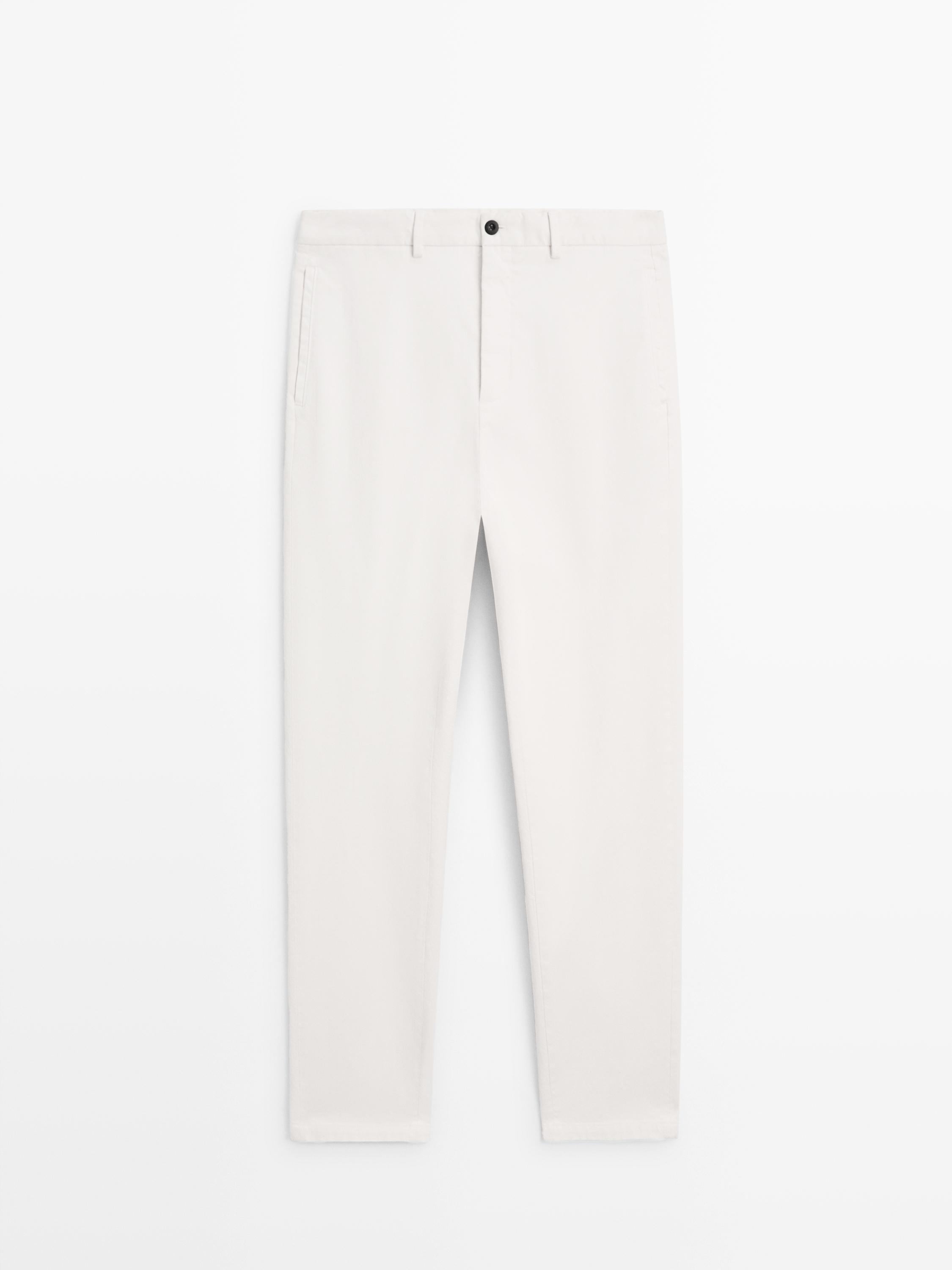 Брюки из хлопкового твила с эластичным поясом Massimo Dutti, off white — фото 2