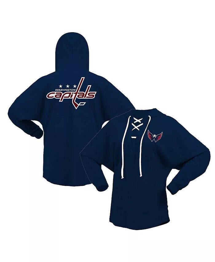 

Женская темно-синяя футболка Washington Capitals Jersey Lace-Up с V-образным вырезом и длинным рукавом с капюшоном Fanatics