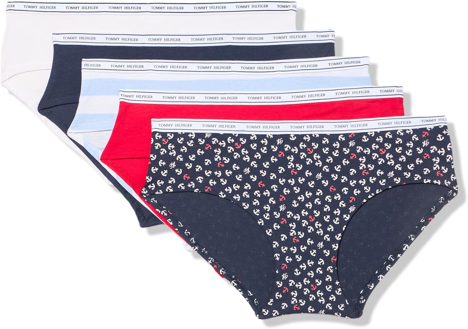 

Женские классические хлопковые шорты Tommy Hilfiger с логотипом, упаковка 5 шт., Mini Anchors Print/Tango Red/Bright White/Sweet Blue/Sweet Blue Stripe